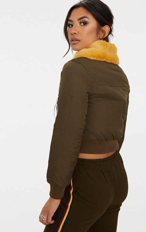 PLT KHAKI RING PULL FAUX FUR COLLAR BOMBER JACKET